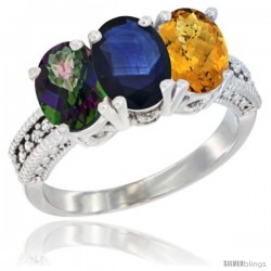 10K White Gold Natural Mystic Topaz, Blue Sapphire & Whisky Quartz Ring 3-Stone Oval 7x5 mm Diamond Accent