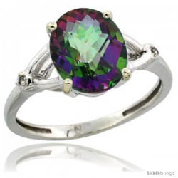 Sterling Silver Diamond Mystic Topaz Ring 2.4 ct Oval Stone 10x8 mm, 3/8 in wide