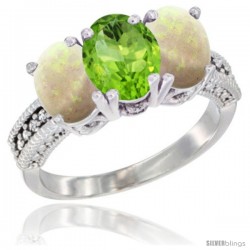 14K White Gold Natural Peridot & Opal Sides Ring 3-Stone 7x5 mm Oval Diamond Accent