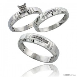 Sterling Silver Diamond Trio Wedding Ring Set His 5.5mm & Hers 4mm Rhodium finish -Style Ag023w3