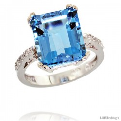 10k White Gold Diamond Swiss Blue Topaz Ring 5.83 ct Emerald Shape 12x10 Stone 1/2 in wide