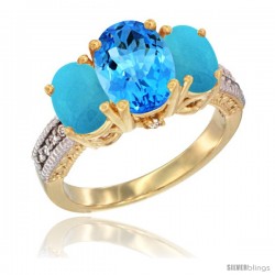 14K Yellow Gold Ladies 3-Stone Oval Natural Swiss Blue Topaz Ring with Turquoise Sides Diamond Accent