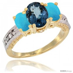 14k Yellow Gold Ladies Oval Natural London Blue Topaz 3-Stone Ring with Turquoise Sides Diamond Accent