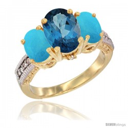 14K Yellow Gold Ladies 3-Stone Oval Natural London Blue Topaz Ring with Turquoise Sides Diamond Accent