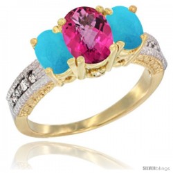 14k Yellow Gold Ladies Oval Natural Pink Topaz 3-Stone Ring with Turquoise Sides Diamond Accent