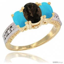 14k Yellow Gold Ladies Oval Natural Smoky Topaz 3-Stone Ring with Turquoise Sides Diamond Accent