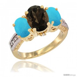 14K Yellow Gold Ladies 3-Stone Oval Natural Smoky Topaz Ring with Turquoise Sides Diamond Accent