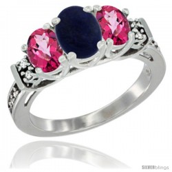 14K White Gold Natural Lapis & Pink Topaz Ring 3-Stone Oval with Diamond Accent