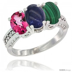 14K White Gold Natural Pink Topaz, Lapis & Malachite Ring 3-Stone 7x5 mm Oval Diamond Accent