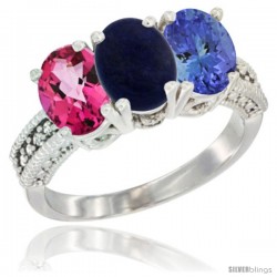 14K White Gold Natural Pink Topaz, Lapis & Tanzanite Ring 3-Stone 7x5 mm Oval Diamond Accent