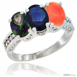 10K White Gold Natural Mystic Topaz, Blue Sapphire & Coral Ring 3-Stone Oval 7x5 mm Diamond Accent