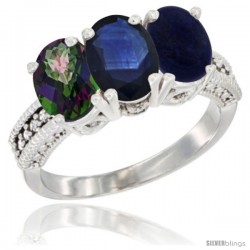 10K White Gold Natural Mystic Topaz, Blue Sapphire & Lapis Ring 3-Stone Oval 7x5 mm Diamond Accent