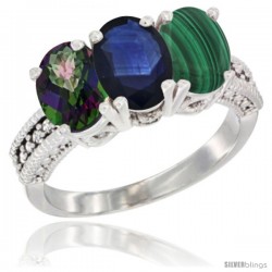 10K White Gold Natural Mystic Topaz, Blue Sapphire & Malachite Ring 3-Stone Oval 7x5 mm Diamond Accent