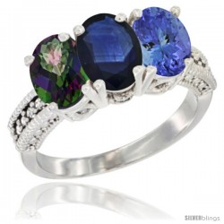 10K White Gold Natural Mystic Topaz, Blue Sapphire & Tanzanite Ring 3-Stone Oval 7x5 mm Diamond Accent