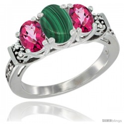 14K White Gold Natural Malachite & Pink Topaz Ring 3-Stone Oval with Diamond Accent