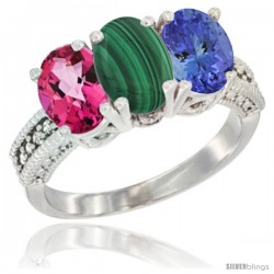 14K White Gold Natural Pink Topaz, Malachite & Tanzanite Ring 3-Stone 7x5 mm Oval Diamond Accent