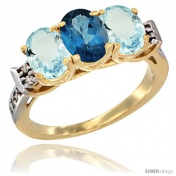10K Yellow Gold Natural London Blue Topaz & Aquamarine Sides Ring 3-Stone Oval 7x5 mm Diamond Accent