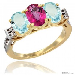 10K Yellow Gold Natural Pink Topaz & Aquamarine Sides Ring 3-Stone Oval 7x5 mm Diamond Accent