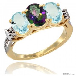 10K Yellow Gold Natural Mystic Topaz & Aquamarine Sides Ring 3-Stone Oval 7x5 mm Diamond Accent