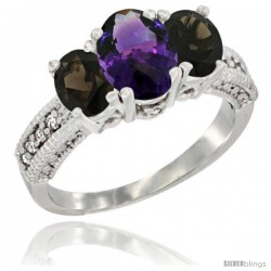 14k White Gold Ladies Oval Natural Amethyst 3-Stone Ring with Smoky Topaz Sides Diamond Accent