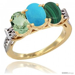 10K Yellow Gold Natural Green Amethyst, Turquoise & Malachite Ring 3-Stone Oval 7x5 mm Diamond Accent