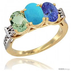 10K Yellow Gold Natural Green Amethyst, Turquoise & Tanzanite Ring 3-Stone Oval 7x5 mm Diamond Accent