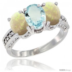 14K White Gold Natural Aquamarine & Opal Sides Ring 3-Stone 7x5 mm Oval Diamond Accent