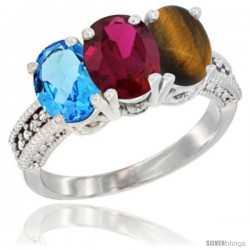 10K White Gold Natural Swiss Blue Topaz, Ruby & Tiger Eye Ring 3-Stone Oval 7x5 mm Diamond Accent