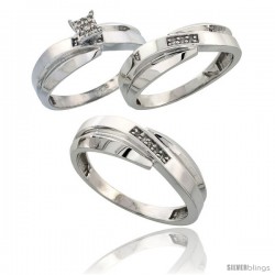 Sterling Silver Diamond Trio Wedding Ring Set His 7mm & Hers 6mm Rhodium finish