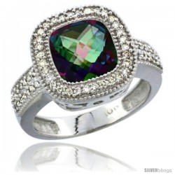 10K White Gold Natural Mystic Topaz Ring Diamond Accent, Cushion-cut 9x9 Stone Diamond Accent