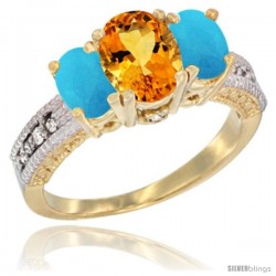 14k Yellow Gold Ladies Oval Natural Citrine 3-Stone Ring with Turquoise Sides Diamond Accent