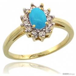 14k Yellow Gold Sleeping Beauty Turquoise Diamond Halo Ring Oval Shape 1.2 Carat 6X4 mm, 1/2 in wide