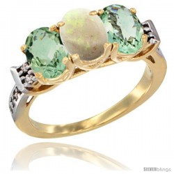 10K Yellow Gold Natural Opal & Green Amethyst Sides Ring 3-Stone Oval 7x5 mm Diamond Accent