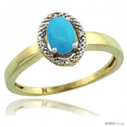 14k Yellow Gold Diamond Halo Sleeping Beauty Turquoise Ring 0.75 Carat Oval Shape 6X4 mm, 3/8 in (9mm) wide