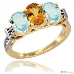 10K Yellow Gold Natural Citrine & Aquamarine Sides Ring 3-Stone Oval 7x5 mm Diamond Accent