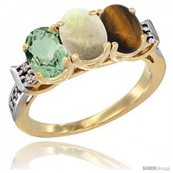 10K Yellow Gold Natural Green Amethyst, Opal & Tiger Eye Ring 3-Stone Oval 7x5 mm Diamond Accent