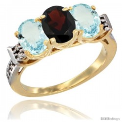 10K Yellow Gold Natural Garnet & Aquamarine Sides Ring 3-Stone Oval 7x5 mm Diamond Accent