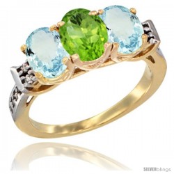 10K Yellow Gold Natural Peridot & Aquamarine Sides Ring 3-Stone Oval 7x5 mm Diamond Accent