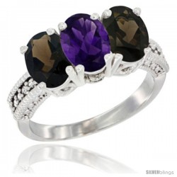 14K White Gold Natural Amethyst & Smoky Topaz Ring 3-Stone 7x5 mm Oval Diamond Accent