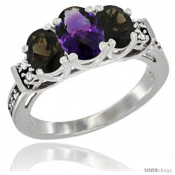 14K White Gold Natural Amethyst & Smoky Topaz Ring 3-Stone Oval with Diamond Accent