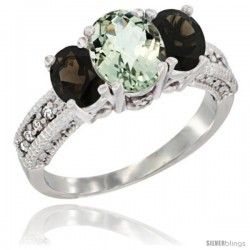 14k White Gold Ladies Oval Natural Green Amethyst 3-Stone Ring with Smoky Topaz Sides Diamond Accent