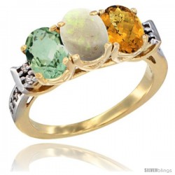 10K Yellow Gold Natural Green Amethyst, Opal & Whisky Quartz Ring 3-Stone Oval 7x5 mm Diamond Accent