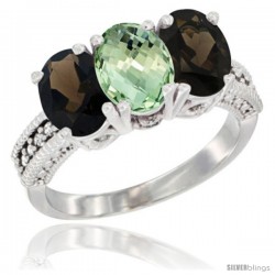 14K White Gold Natural Green Amethyst & Smoky Topaz Ring 3-Stone 7x5 mm Oval Diamond Accent