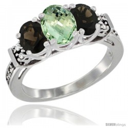 14K White Gold Natural Green Amethyst & Smoky Topaz Ring 3-Stone Oval with Diamond Accent