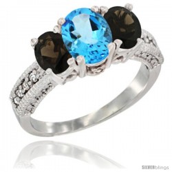 14k White Gold Ladies Oval Natural Swiss Blue Topaz 3-Stone Ring with Smoky Topaz Sides Diamond Accent