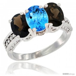 14K White Gold Natural Swiss Blue Topaz & Smoky Topaz Ring 3-Stone 7x5 mm Oval Diamond Accent