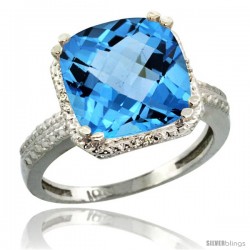 10k White Gold Diamond Swiss Blue Topaz Ring 5.94 ct Checkerboard Cushion 11 mm Stone 1/2 in wide