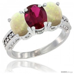 14K White Gold Natural Ruby & Opal Sides Ring 3-Stone 7x5 mm Oval Diamond Accent