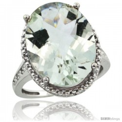 Sterling Silver Diamond Natural Green Amethyst Ring Ring 13.56 Carat Oval Shape 18x13 mm, 3/4 in (20mm) wide