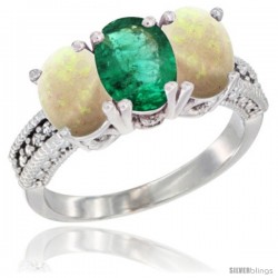 14K White Gold Natural Emerald & Opal Sides Ring 3-Stone 7x5 mm Oval Diamond Accent